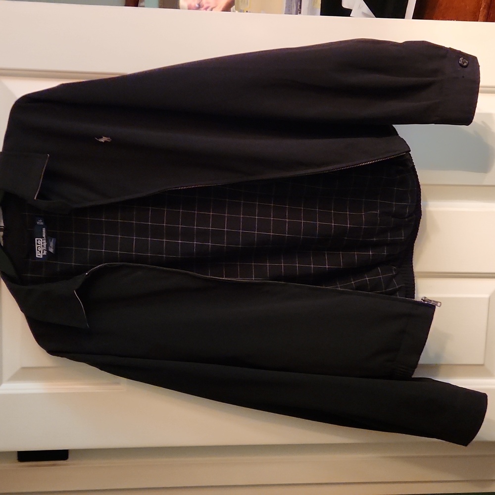 Polo by ralph lauren zip jacket,large, black with plaid lining,